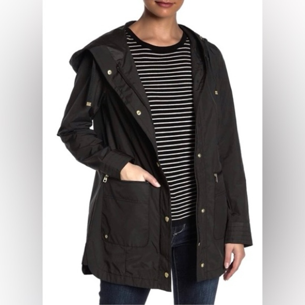 Cole Haan Signature Black Packable Hooded Rain Jacket with Gold Buttons
